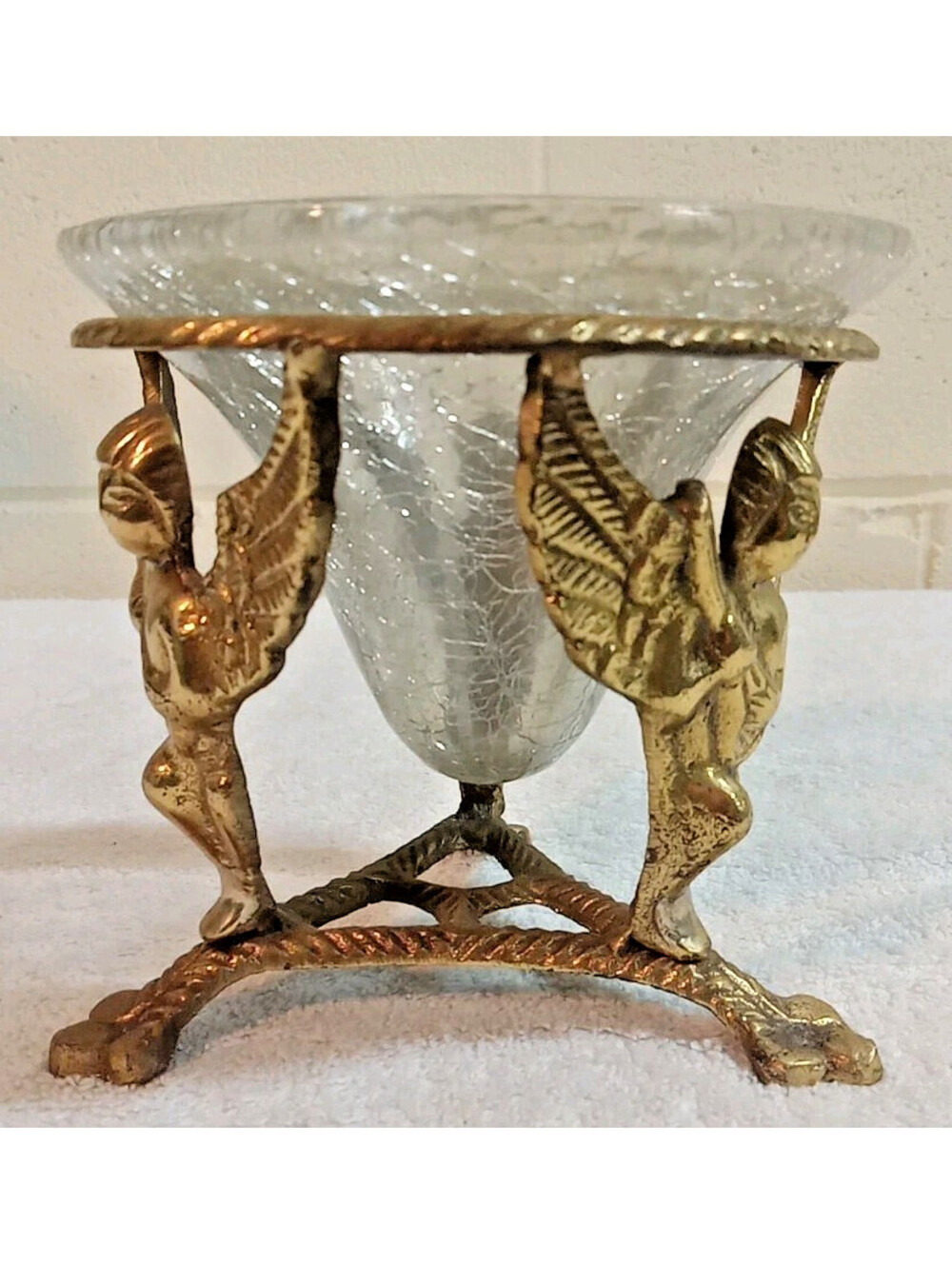 Vintage Clear Solid Brass Angel candle holder 5.25” Tall Crackle Glass Insert
